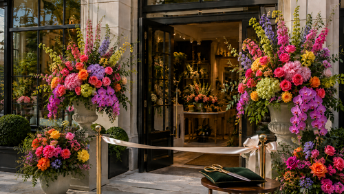 Grand opening entrance with tall colorful floral arrangements, gold stanchions, and a satin ribbon