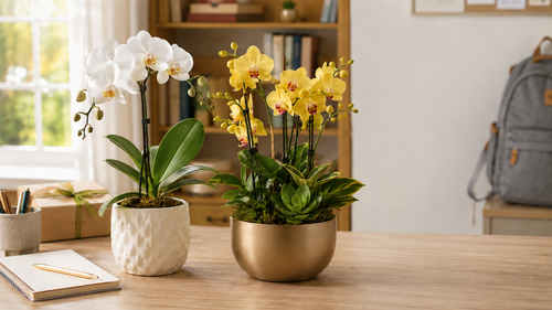 White and yellow orchid plants in ceramic and gold pots on a desk.