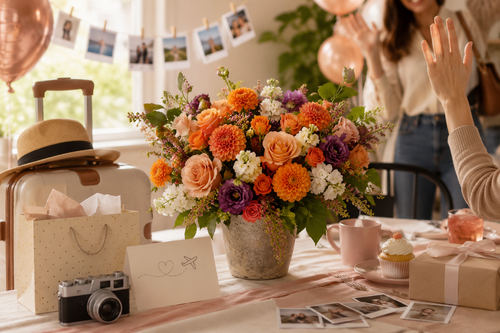 Orange and purple dahlia and rose arrangement in a stone vase