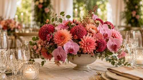 Coral and fuchsia dahlias with pink orchids and celosia in a stone compote